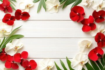 Red and White Orchid Frame on White Wooden Background