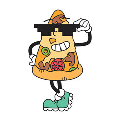 Groovy retro character pizza slice in sunglasses pixel art. Junk food, fast food. Vector isolated illustration