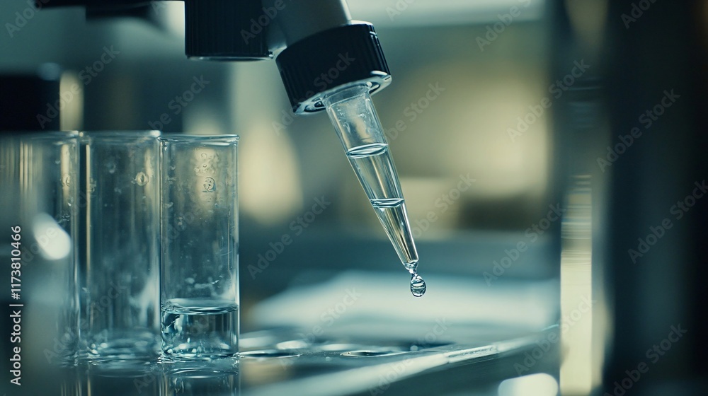 Poster close-up of a pipette dispensing a drop of liquid in a laboratory setting.
