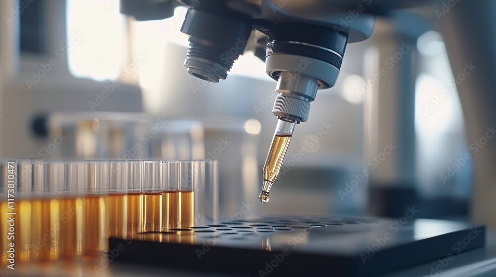 Poster close-up of a microscope focusing on a drop of liquid above test tubes in a laboratory setting.