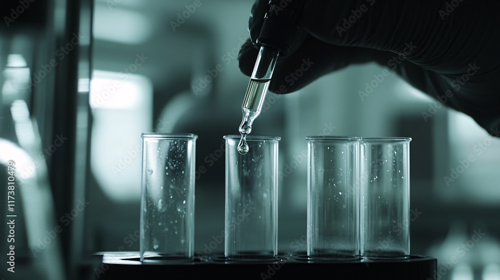 Poster a close-up of a gloved hand carefully adding a drop of liquid to test tubes in a laboratory setting.
