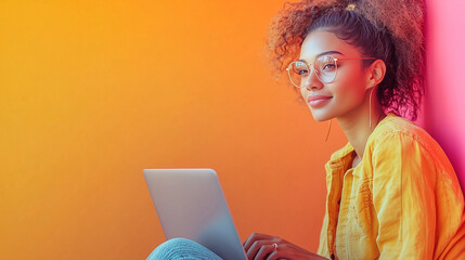 A stylish young woman with glasses working on her laptop while leaning against a bright gradient wall blending orange and pink hues