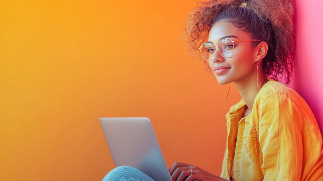 A stylish young woman with glasses working on her laptop while leaning against a bright gradient wall blending orange and pink hues