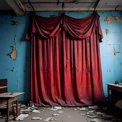  An old, weathered red theater curtain hangs against a cracked, faded blue wall, creating a scene of long-abandoned desolation