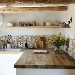 kitchen countertop with wooden covering white wall behind it provence style
