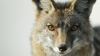 Fototapeta premium A close-up of a striking gray fox with vivid amber eyes, showcasing its detailed fur texture.