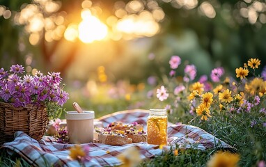 Picnic basket with flowers, food, and drinks in a field at sunset.