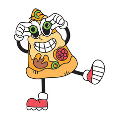 Groovy retro character slice pizza. Junk food, fast food. Vector isolated illustration
