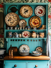 A vibrant kitschy wallmounted plate rack in a lively eclectic kitchen setting The rack is painted in a bright blue and holds an assortment of vintagestyle plates and p