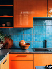 kitchen with orange cabinets and blue tiles interior design magazine interior photography close up shot high resolution photography The kitchen has orange cabinets and