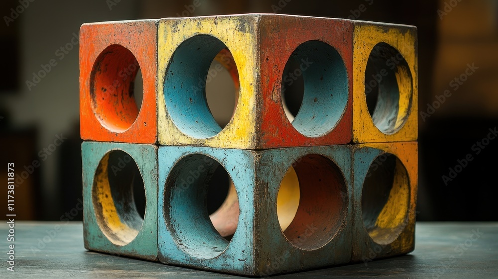 Poster crafted wooden cube with vibrant colors and circular cutouts resting on a dark surface in an artist'