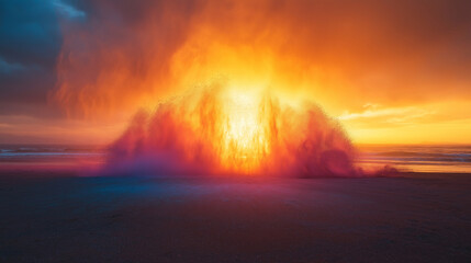 A burst of vibrant powder colors in the air against a golden sunset, creating a rainbow effect. The colors blend into a dynamic and festive composition.