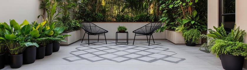 Modern concrete patio with geometric patterns, black metal chairs, and lush potted greenery