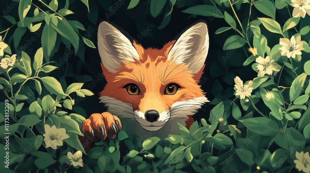 Poster curious fox peeking out from lush greenery with delicate flowers surrounding it in a tranquil forest