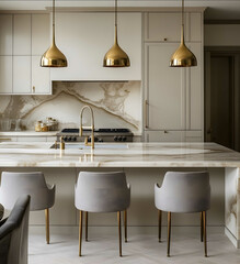 A luxury kitchen with a marble island barstools and brass pendant lights above the sink in a beige color with grey chairs