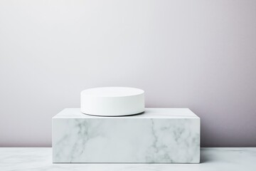 Vacant purple studio room with simple marble display platform for product showcasing