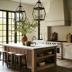 Photo of an organic kitchen in the transitional style It has touches of cottage accents and follows a fairly netural color palette with pops of off whites and warm gre