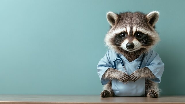 raccoon therapist in a doctor's costume. on a plain colored background. banner with copy space.