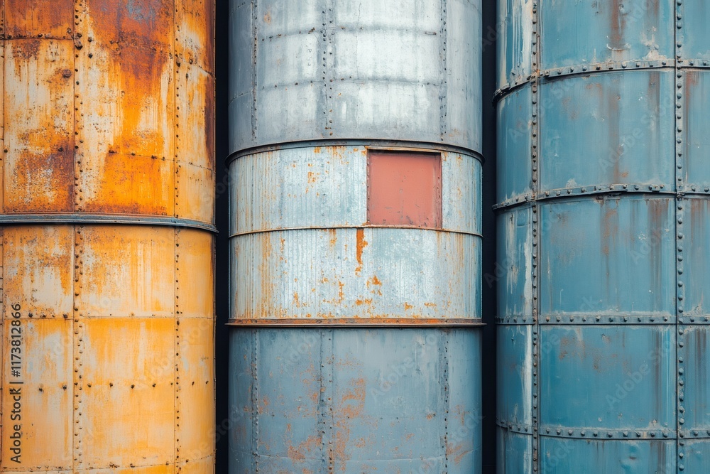 Poster industrial silos showing colorful rust and rivets in an urban decay setting