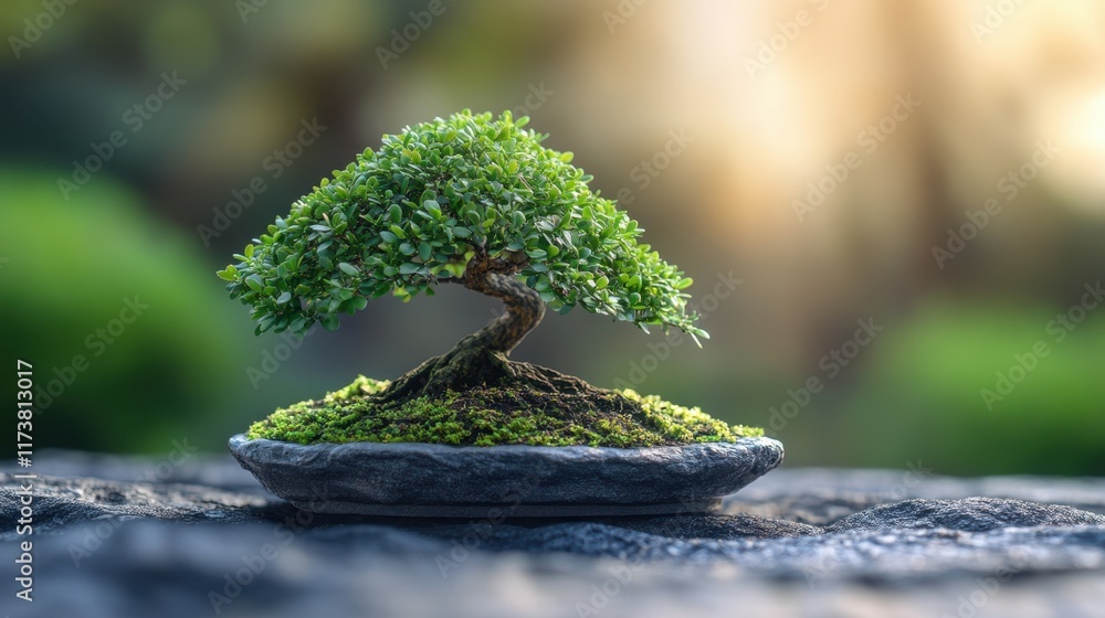Poster elegant bonsai tree showcasing intricate details on a tranquil stone base under soft evening light. 
