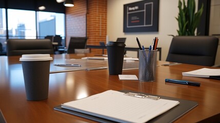 Naklejka premium A modern conference room setup with coffee cups and stationery on the table, promoting collaboration and productivity.