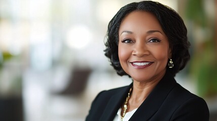 Fototapeta premium Confident middle-aged Black woman smiling warmly, dressed in business attire, exuding professionalism and approachability.