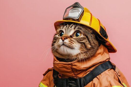 the cat wears a fireman's uniform, on a plain colored background. space for text