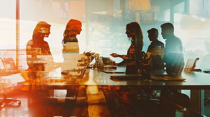 Silhouettes of diverse professionals collaborating in a modern office, showcasing teamwork and creativity.