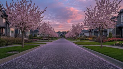 Pink blossom trees line a residential street at sunset.