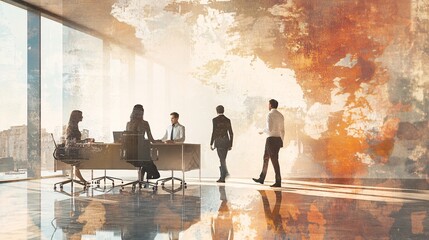 Fototapeta premium A diverse group of professionals discussing in a bright office, with vibrant abstract art creating a dynamic atmosphere.