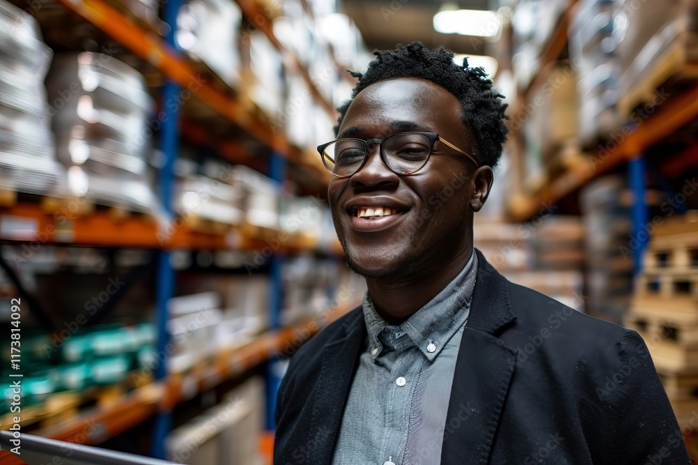 Poster warehouse manager utilizing tablet to monitor inventory and ensure efficiency