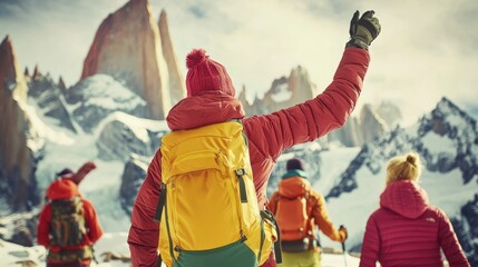 Hikers celebrating achievement atop snowy mountain range.