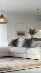 Modern living room with luxury furniture, including sofa, armchair, and coffee table, decorated with stylish decor, lamp, and window, creating a comfortable and contemporary home atmosphere