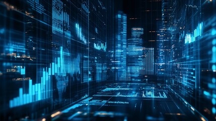 Futuristic digital cityscape with glowing graphs and data patterns.