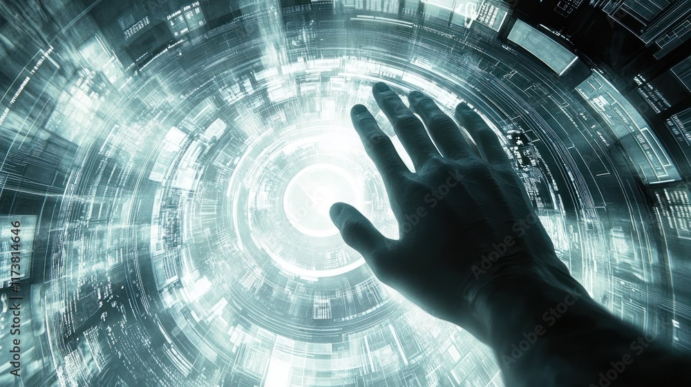 Poster a hand interacts with a futuristic swirling interface of data and light. ideal for technology websit