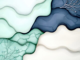 An abstract image featuring fluid gradients in shades of teal, blue, and cream, accented by delicate organic forms that create a serene visual flow.