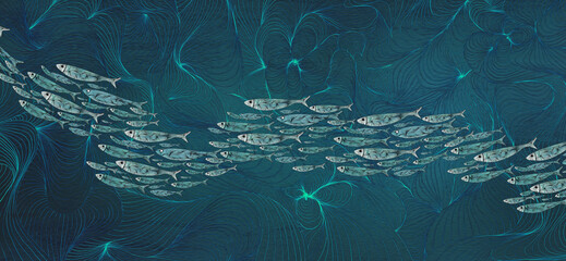 Siluetas de sardinas en el fondo del mar. Banco de peces y mar pintados en tinta y acuarela. Fondo marino. Estilo japonés, ornamental.
