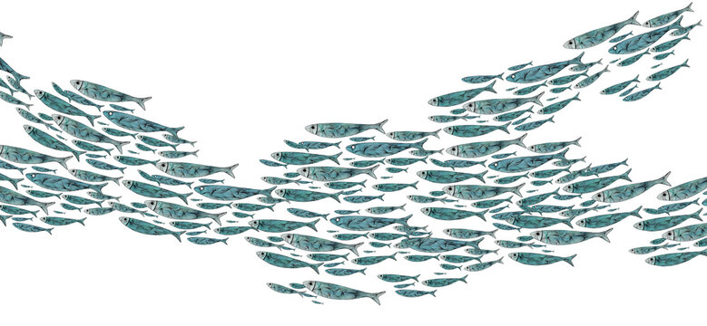 Siluetas de sardinas en el mar. Banco de peces pintados en acuarela. Fondo blanco. Estilo japon&eacute;s, ornamental.
