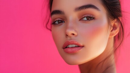 A close-up portrait of a glamorous woman with flawless skin, elegant makeup, and a sensual look, highlighting her beauty, hairstyle, and cosmetics in a studio setting