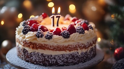 Celebrate a special 17th birthday with a delightful cake adorned with fresh berries and warm ambient lights. Generative AI