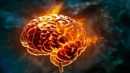 This mesmerizing image depicts a fiery brain, symbolizing intense thoughts and creativity. The vibrant flames contrast against a dark background, evoking a sense of passion and inspiration.