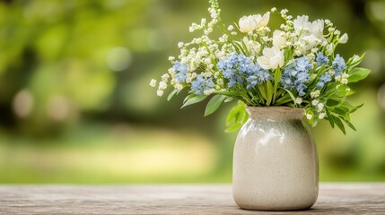 Fototapeta premium Country side still life bouquet of wild flowers in a vase on window sill on blurred green background with copy space for valentine’s, mother’s day, birthday card