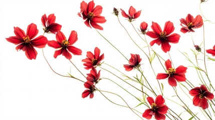 A vibrant arrangement of red flowers against a soft white background, creating a fresh and cheerful atmosphere.