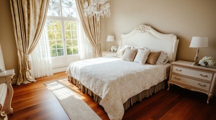 Luxurious bedroom with large window, hardwood floors, and ornate bed.