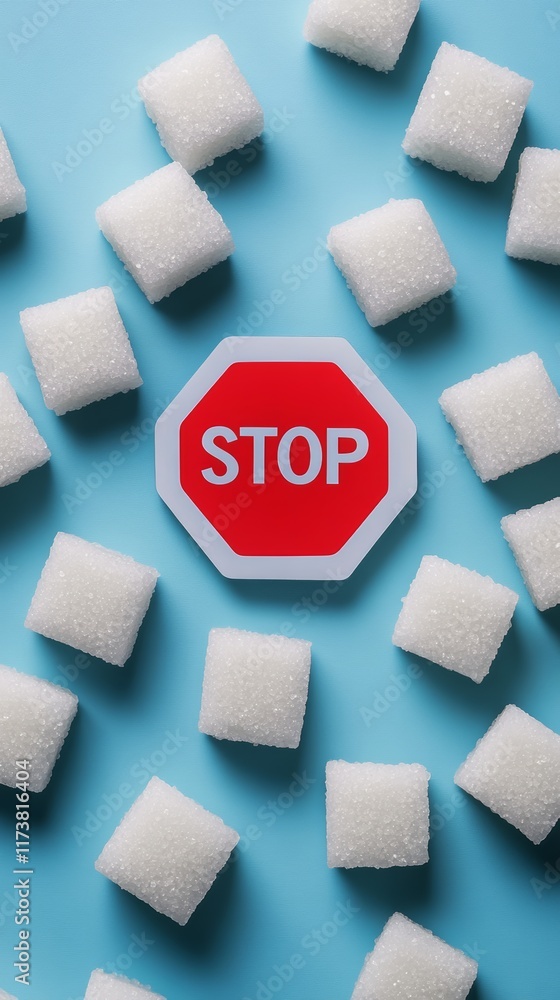 Poster numerous sugar cubes encircle a red stop sign, conveying the importance of reducing sugar intake for