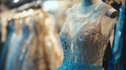 Obraz premium Close-up of an exquisite evening gown adorned with intricate details in a fashion boutique