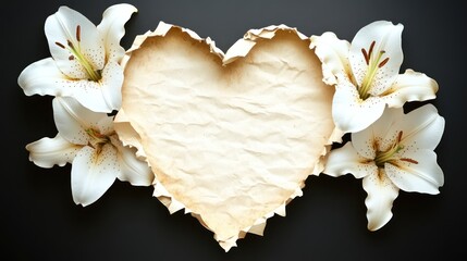 White lilies frame a heart-shaped vintage paper. Ideal for sympathy, memorial, or condolence messages. Express love and remembrance with this elegant design.