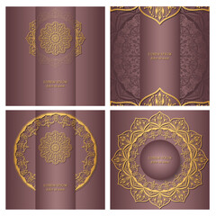 Four luxurious pinkish brown square backgrounds with a golden mandala. Postcard, invitation with ethnic ornaments.