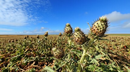 Close-up View of Cardoon Plants in a Field under Blue Sky