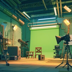 Behind-the-Scenes Movie Set Featuring Chroma Key Screen, Softbox Lighting, Clapboard, Megaphone, and Director's Chair.